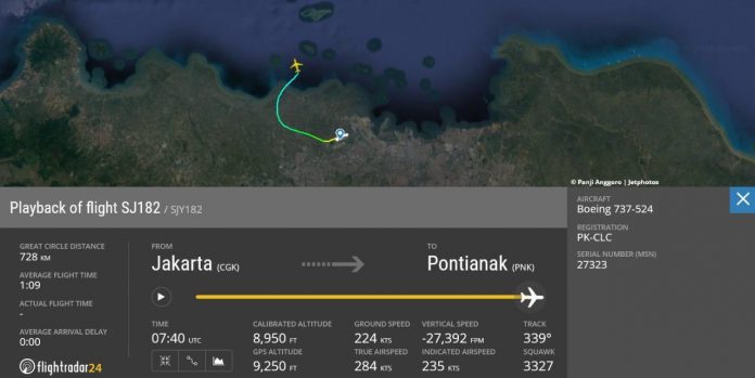 Pesawat Sriwijaya Air SJ182SJY 182 rute Jakarta Pontianak hilang kontak Pesawat Sriwijaya Air SJ182SJY 182 rute Jakarta Pontianak hilang kontak